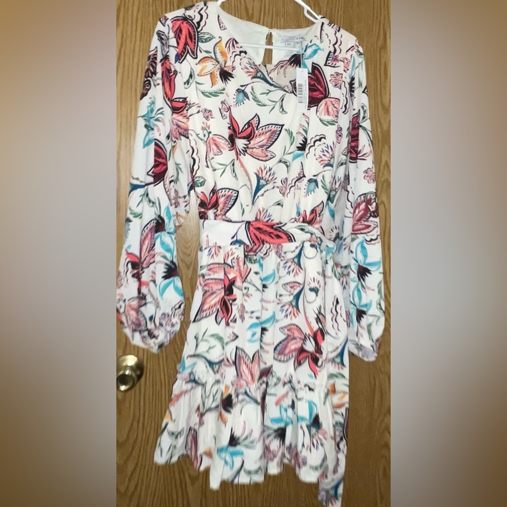Floral Long Sleeve Mini Dress - White with Pink & Blue Print